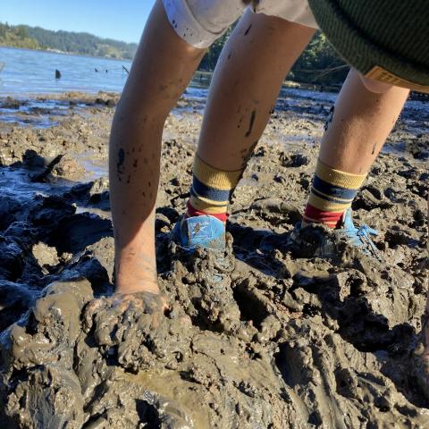 student with hands in wet sand on beach